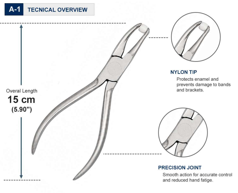 Long Ormco-style orthodontic band removing pliers with Teflon support pad