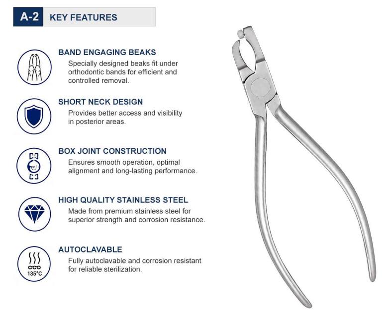 Key Features Short neck 12.5 cm design for posterior access in tight spaces Hu-Friedy style configuration with offset working alignment Metal tip engages the band edge for a controlled, clean removal Replaceable heat-resistant Teflon pad protects the tooth surface Suitable for both upper and lower posterior bands Premium stainless steel construction, corrosion-resistant Fully sterilizable and reusable Backed by a one-year warranty Made by OrthodentalUSA Corp. and shipped from the USA