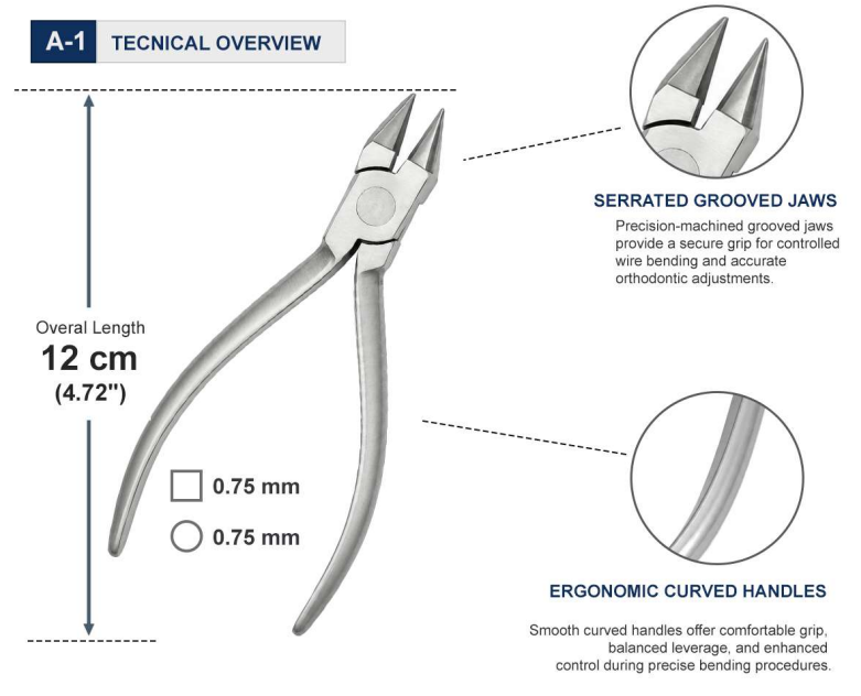 The Bird Beak Pliers 12 cm are precision-engineered for controlled orthodontic wire forming, providing versatility and accuracy when creating loops, bends, and customized wire configurations.