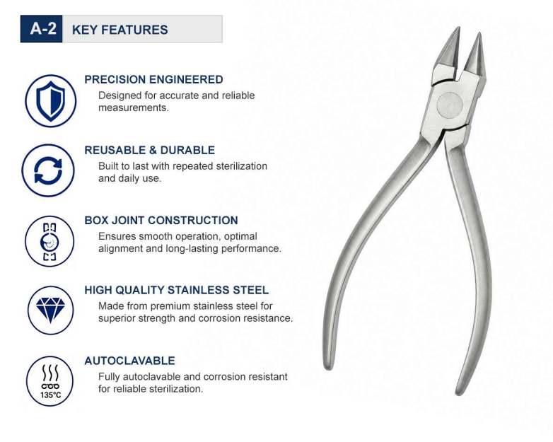 Classic bird beak configuration: round conical beak and flat pyramid beak Integrated wire cutter for multifunction use Bends and cuts wire without switching instruments Compact 12 cm ergonomic size for excellent chairside control Suitable for orthodontic wire adjustments and loop formation Hardened working tips for improved durability Surgical-grade stainless steel construction Corrosion-resistant and reusable Fully autoclavable Backed by a one-year warranty Made by OrthodentalUSA Corp. and shipped from the USA
