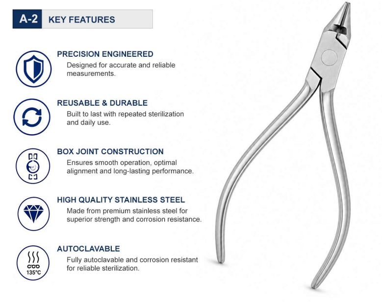 Classic round conical beak and flat beak configuration Integrated cutter for convenient wire trimming Non-TC configuration: hardened stainless steel, no Tungsten Carbide inserts All-stainless-steel construction throughout Suitable for round and rectangular orthodontic wire adjustments Cutting capacity up to approximately 0.025″ (0.64 mm) 12.5 cm length for excellent clinical control Durable and corrosion-resistant Fully autoclavable and reusable Backed by a one-year warranty Made by OrthodentalUSA Corp. and shipped from the USA