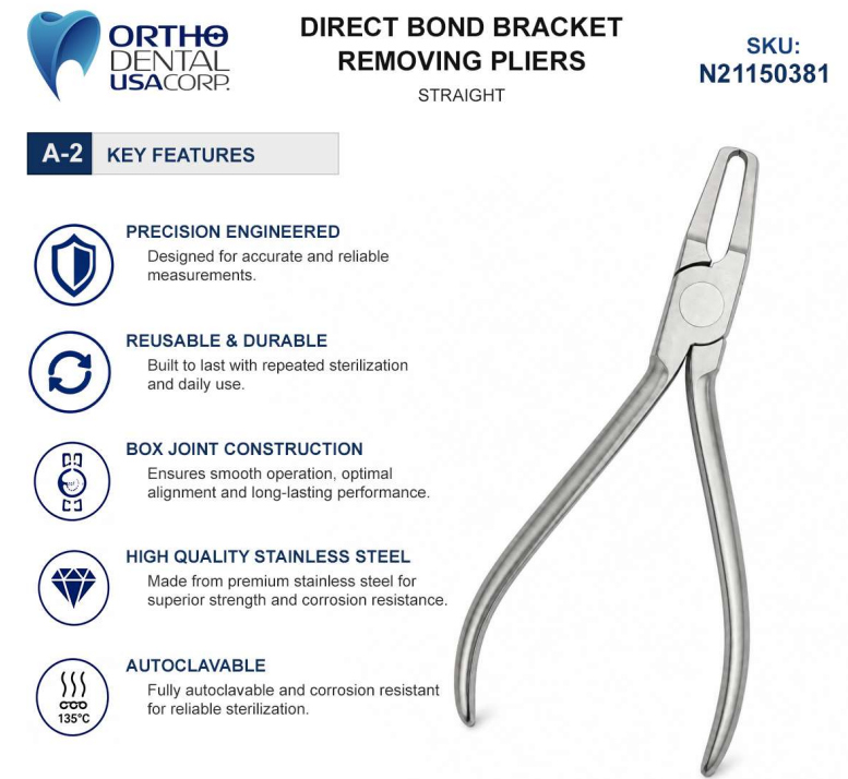 Straight fine-tip working-end design Wedge-shaped tips for controlled bracket engagement Precision-machined working ends for accurate positioning Slim profile for enhanced access and visibility Balanced ergonomic design for improved instrument control Corrosion-resistant satin finish Premium stainless steel construction Fully autoclavable and reusable Designed for professional orthodontic applications Backed by a one-year warranty Made by OrthodentalUSA Corp. and shipped from the USA