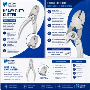 Heavy Duty Cutter, Multi-Action, Stainless Steel – Professional Orthodontic Hard Wire Cutter The Heavy Duty Cutter, Multi-Action, Stainless Steel is a high-performance hard wire cutter orthodontic tool designed for precision cutting of heavy and rigid orthodontic wire. Built for modern dental practice environments, this instrument delivers exceptional durability, control