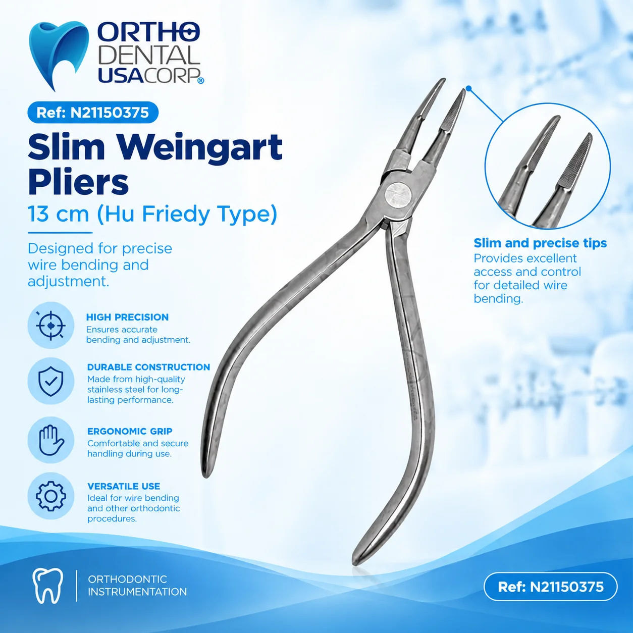 Slim Weingart pliers, 13 cm, Hu-Friedy type, orthodontic archwire guiding instrument