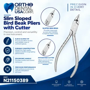 Slim sloped bird beak pliers with integrated cutter, orthodontic wire bending and cutting instrument