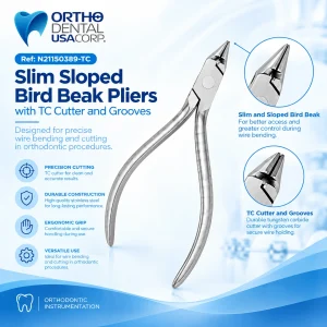 Slim sloped bird beak pliers with tungsten carbide cutter and alignment grooves
