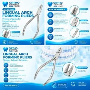 The Lingual Arch Forming Pliers – 12 cm are precision orthodontic pliers specifically designed for forming, contouring, and adjusting lingual arches, transpalatal arches, and other orthodontic wire appliances. Their precision-engineered beaks provide excellent control for creating smooth, accurate bends while preserving wire integrity, making them ideal for both chairside adjustments and laboratory fabrication. Manufactured from premium surgical stainless steel, these pliers offer outstanding durability, corrosion resistance, and long-term clinical reliability. The compact 12 cm ergonomic design enhances maneuverability and tactile sensitivity, allowing clinicians and laboratory technicians to perform intricate wire-forming procedures with exceptional precision.