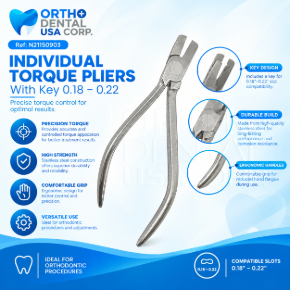 Torque by feel works — until the next patient, the next wire gauge, or the next appointment introduces just enough variation to throw off your result. The Individual Torque Pliers with Key – .018″/.022″ solve that with a dedicated torque plier and double-slot key that gives every third-order adjustment the same fixed mechanical reference point. The double-slot key covers both .018″ and .022″ bracket systems, so one instrument handles the torque work across the different slot sizes running through your schedule.