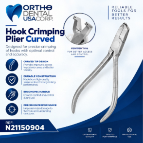 Adding an auxiliary hook shouldn't mean removing the archwire and starting the adjustment over. The Hook Crimping Plier – Curved is built for exactly this chairside moment — its curved beak reaches posterior regions with clear visibility, so you can position and crimp a hook accurately while the wire stays right where it belongs. Precision-engineered crimping tips secure the hook firmly to round or rectangular archwires while minimizing wire distortion, giving you a dependable attachment point for elastics or power chain without compromising the rest of the arch.