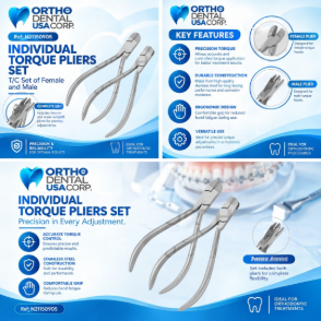 The Individual Torque Pliers Set – Male & Female (T.C. Set) is a precision orthodontic instrument system designed for applying controlled torque adjustments to specific sections of orthodontic archwires without affecting adjacent areas. This specialized two-piece set provides clinicians with the ability to perform accurate third-order wire adjustments with exceptional control and consistency. Manufactured from premium surgical-grade stainless steel and featuring tungsten carbide working tips, the set delivers superior gripping strength, durability, and resistance to wear during demanding orthodontic procedures. The male and female components work together to securely hold the wire while allowing precise torque application with minimal distortion.
