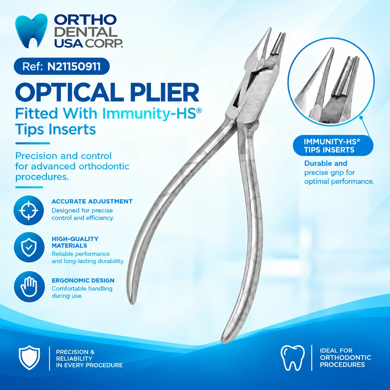 Optical plier with Immunity-HS steel tip inserts for precision orthodontic wire work