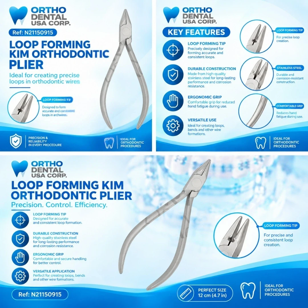 The Loop Forming Kim Orthodontic Plier is a precision orthodontic instrument specifically designed for forming accurate loops, bends, and offsets in orthodontic wires used during fixed appliance treatment and appliance fabrication. Its precision-engineered beaks enable clinicians to consistently create uniform loops while maintaining wire integrity, making it an indispensable tool for advanced wire-bending techniques.