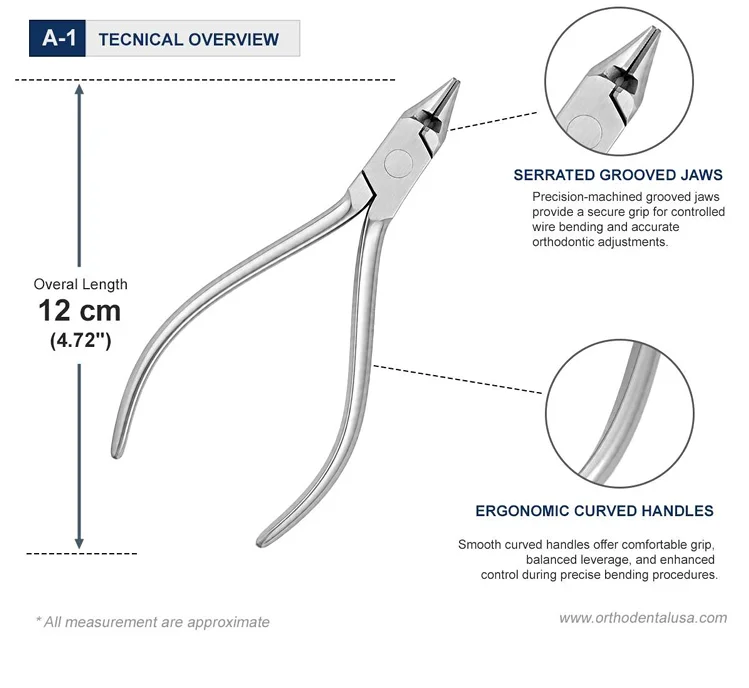 Slim Sloped Bird Beak Pliers with TC Cutter and Grooves Technical Overview The Slim Sloped Bird Beak Pliers with TC Cutter and Grooves are premium precision orthodontic instruments designed for bending, forming, contouring, and cutting orthodontic wires with enhanced control and durability.