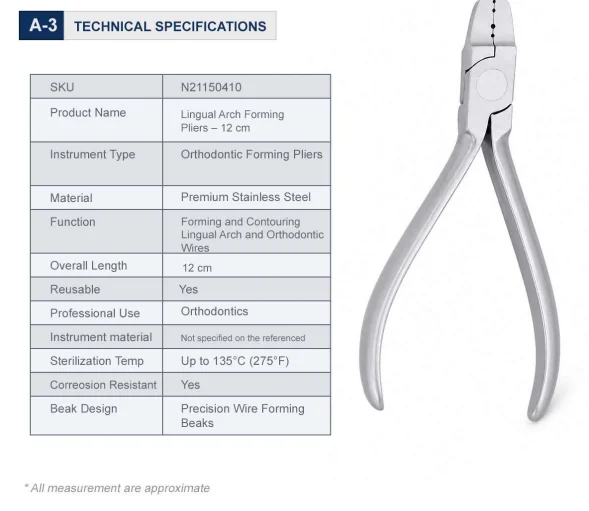 Lingual Arch Forming Pliers 12 cm Technical Specifications