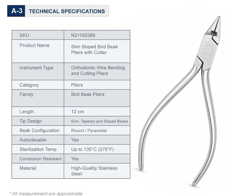 Slim Sloped Bird Beak Pliers with Cutter Technical Specifications