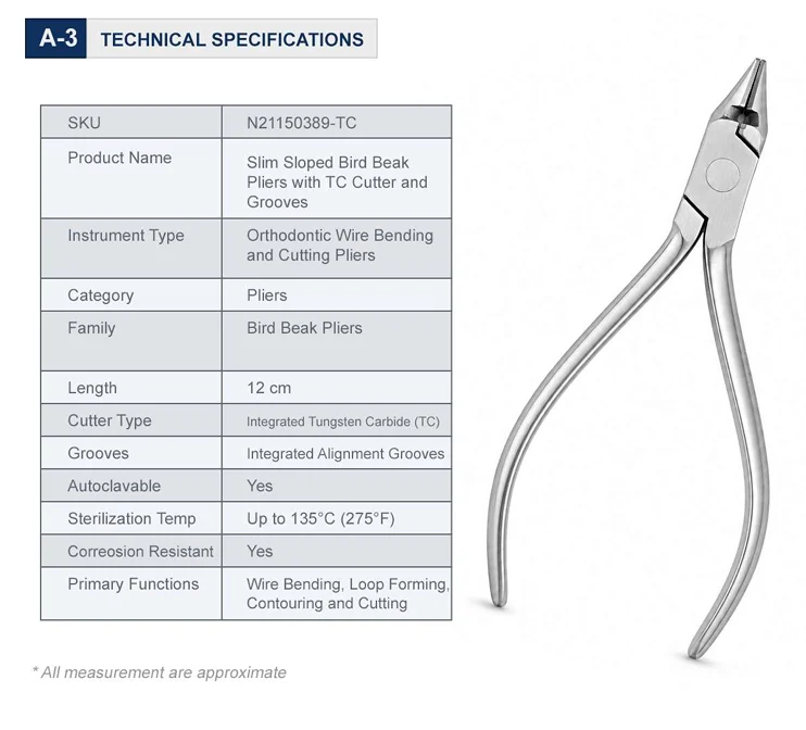 Slim Sloped Bird Beak Pliers with TC Cutter and Grooves Technical Specifications
