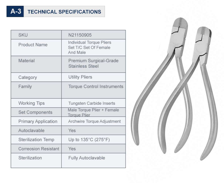 Individual Torque Pliers Set T/C Set Of Female And Male Technical Specifications