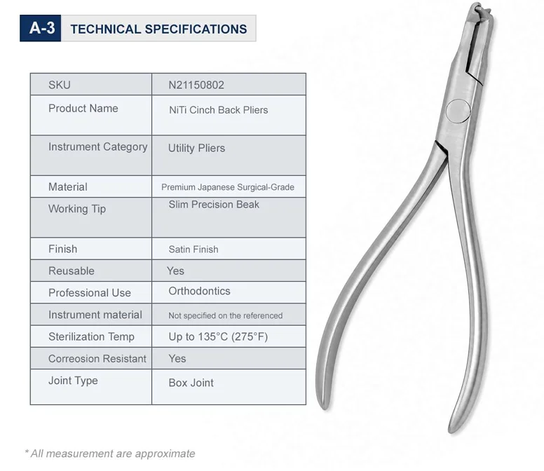 NiTi Cinch Back Pliers Technical Specifications
