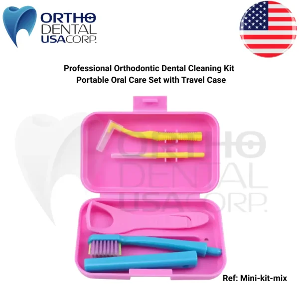 Orthodontic dental cleaning kit for braces with angled toothbrush, interdental brush and hard travel case