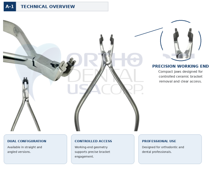Designed for controlled and efficient ceramic bracket removal, these precision orthodontic pliers provide a secure grip and reliable handling during debonding procedures. The specialized working tips help engage the bracket while allowing the user to apply controlled pressure.