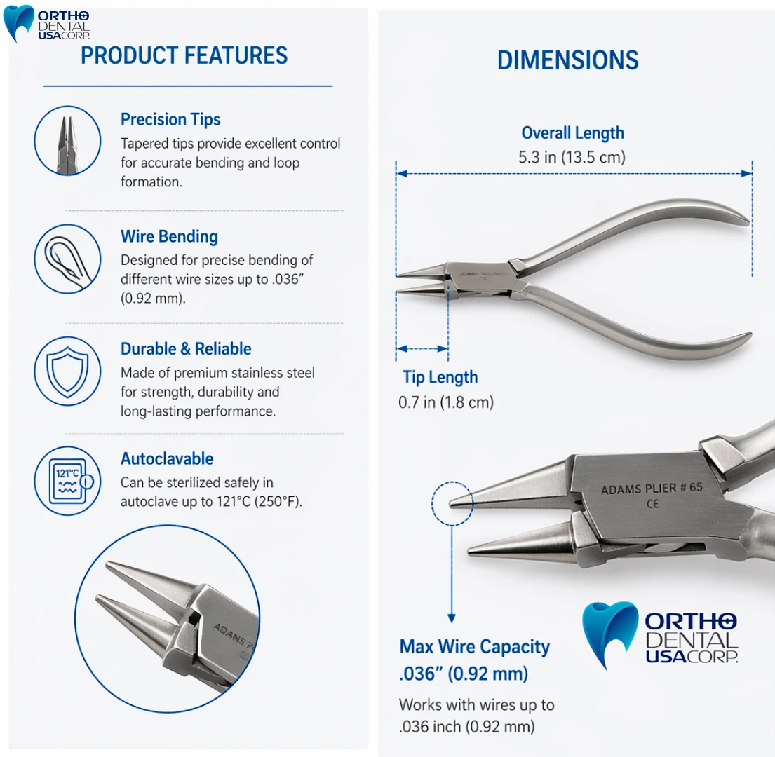 Why Choose Adams Plier #65? Adams Plier # 65 Utility Pliers for wire bending of different wire sizes. Box Joint. Stainless Steel Max: .036” (.92 mm) The Adams Plier #65 is an essential tool for orthodontic wire forming, appliance adjustment, and general utility tasks. Engineered for versatility, this plier is capable of bending different wire sizes up to .036” (.92 mm), making it highly practical for multiple orthodontic applications. Its precision tips allow accurate manipulation of wires while maintaining control and consistency during procedures. The strong Box Joint construction ensures stable alignment of the beaks, smoother movement, and increased durability under repeated use. Manufactured from high-quality stainless steel, the Adams Plier #65 offers corrosion resistance, easy sterilization, and dependable performance in professional environments. Whether for archwire adjustments, retainer modifications, clasp formation, or appliance fabrication, this plier is a reliable addition to any orthodontic instrument set.