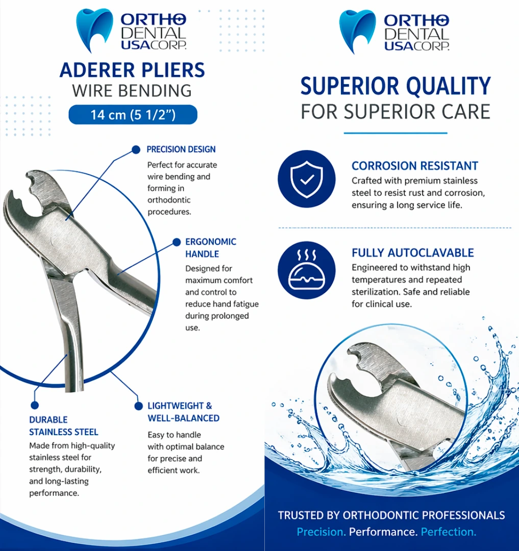 Aderer Pliers Serrated – Lab are high-quality orthodontic utility pliers designed for precise wire bending, gripping, and appliance adjustments in laboratory and clinical environments. Manufactured from premium stainless steel, these pliers feature serrated tips for enhanced grip and control when working with orthodontic wires. With a lightweight ergonomic design and a 14 cm (5 1/2") length, they provide comfort, durability, and professional performance for daily use.