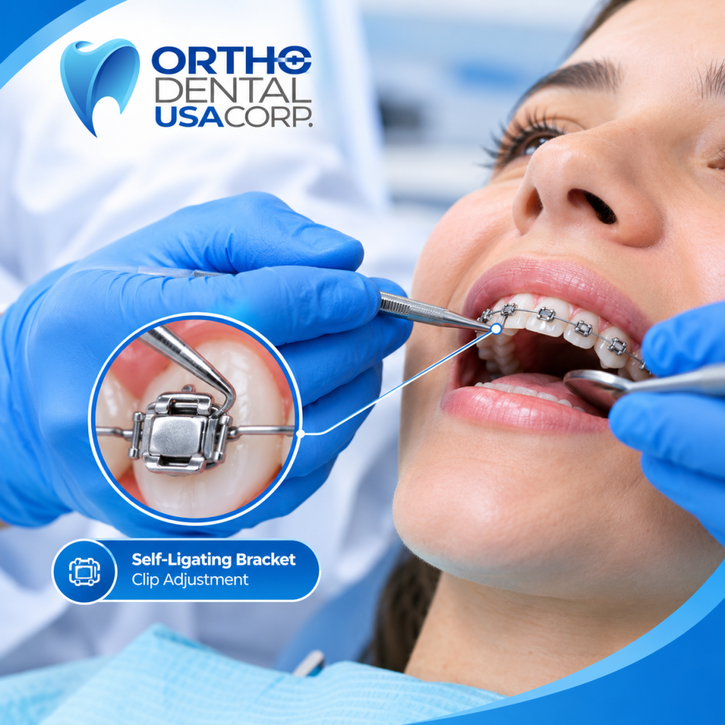 orthodontist adjusting self-ligating bracket clip during patient visit