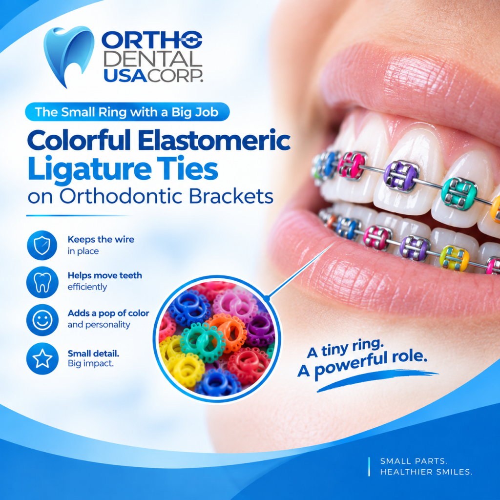 colorful elastomeric ligature ties on orthodontic brackets