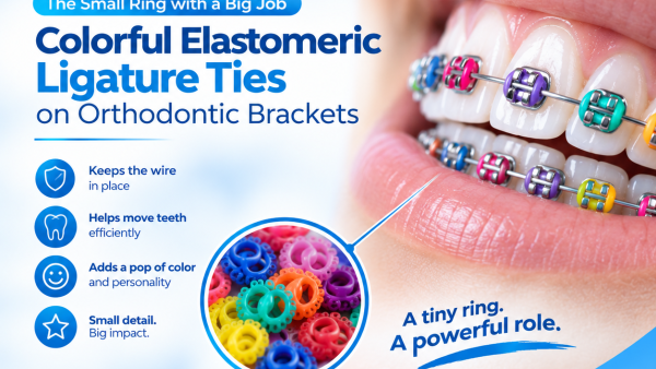 colorful elastomeric ligature ties on orthodontic brackets