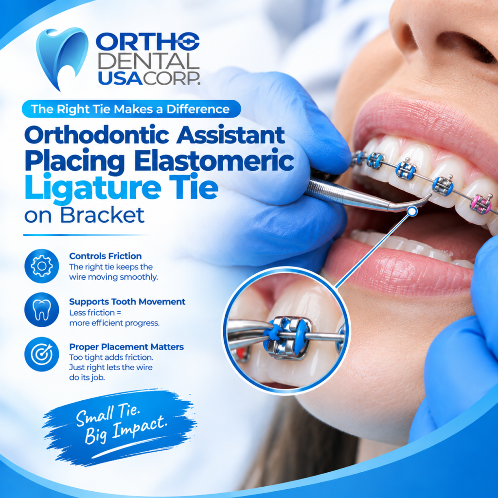 orthodontic assistant placing elastomeric ligature tie on bracket