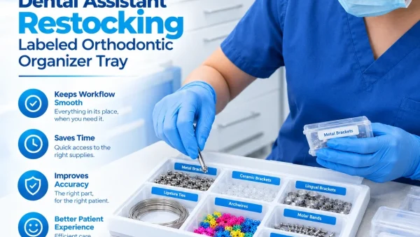 bulk box of orthodontic brackets and supplies ready for restocking