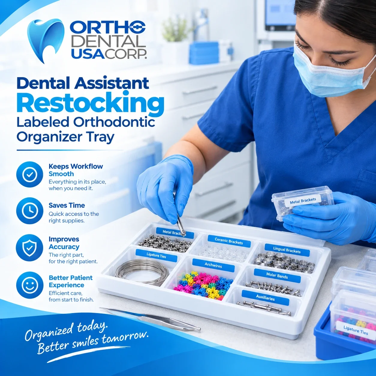bulk box of orthodontic brackets and supplies ready for restocking