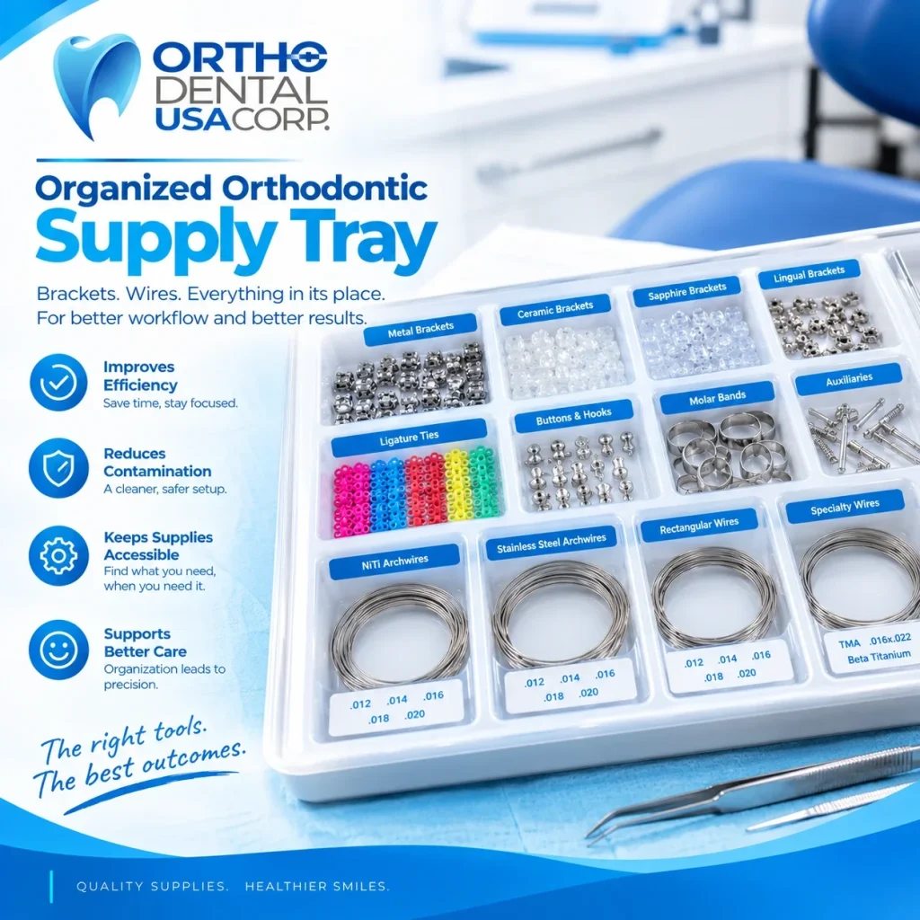 dental assistant restocking labeled orthodontic organizer tray